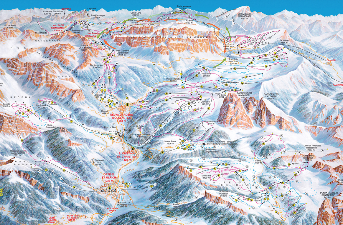 mapa tras Alpe di Siusi, Val Gardena